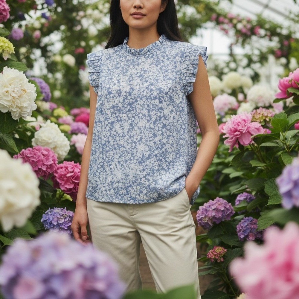 Monteau Blue Floral Ruffle Sleeve High Neck‎ Blouse  Medium NEW Cottage Prairie